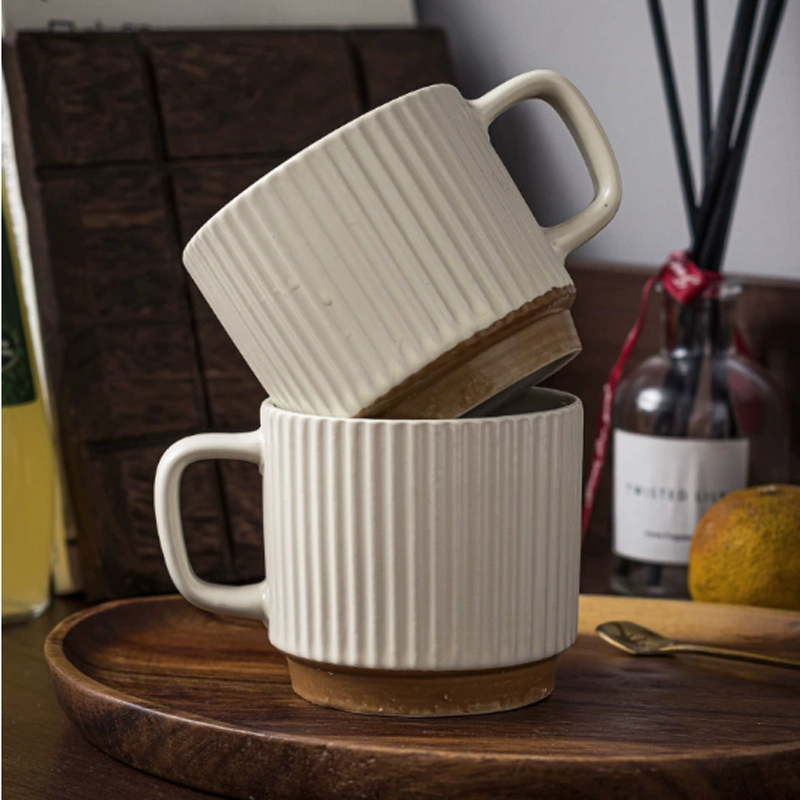 Japanese Style Vertical Striped Ceramic Coffee Mug, Handmade Embossed Tea Cup