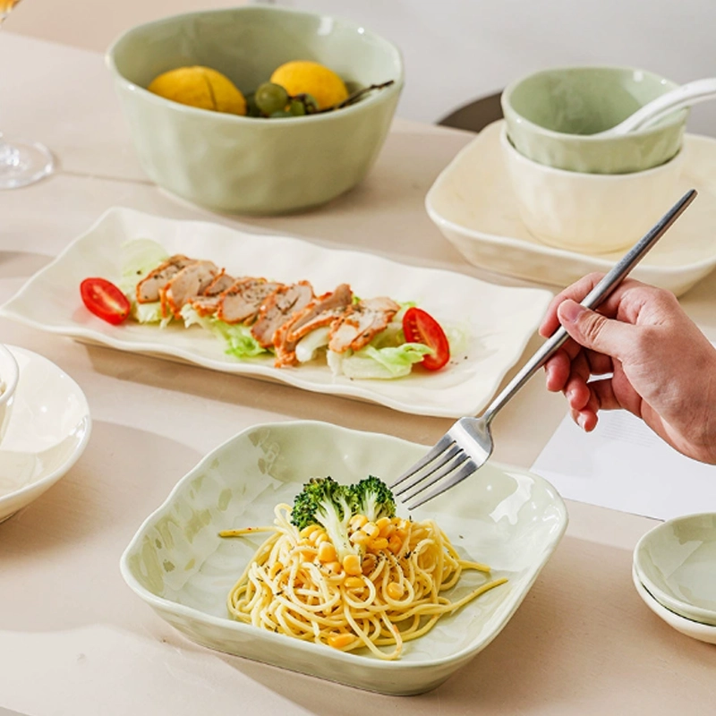 Cream Style Hand‑Kneaded Ceramic Tableware Set, Irregular Textured Plates Bowls for Home