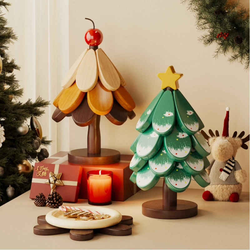 Christmas Tree Wooden Trivet, Foldable Heat Resistant Coaster for Table