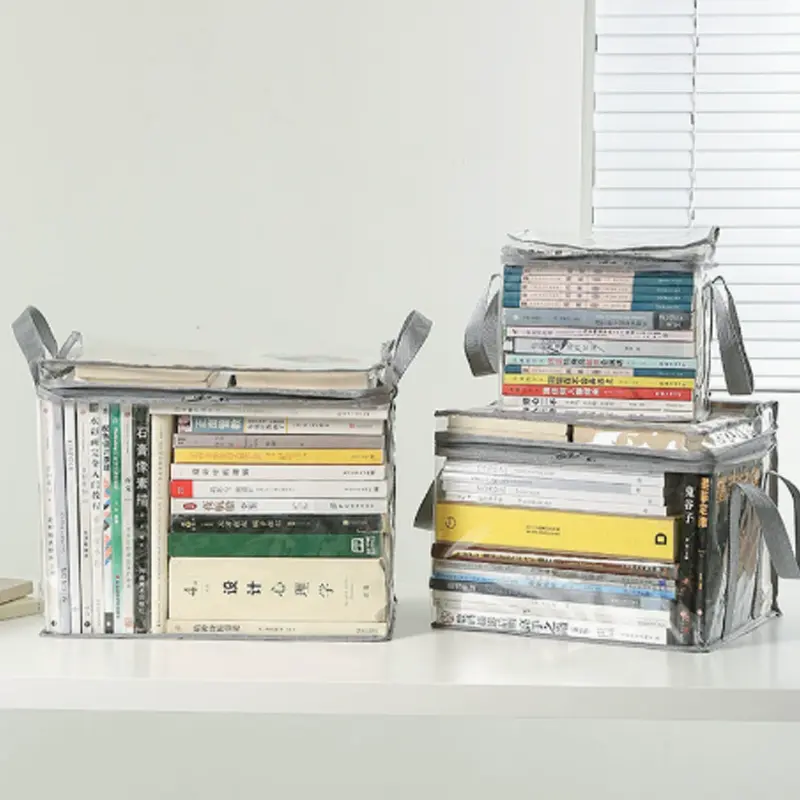 Transparent Book Storage Box, Foldable Book Storage Bag with Handle, Dust-proof Magazine Textbook Organizer