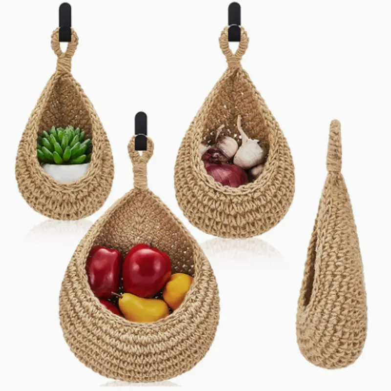 Hand‑woven Cotton Rope Hanging Fruit Basket, Wall Mount Teardrop Storage Net for Vegetable Produce Kitchen Organizer