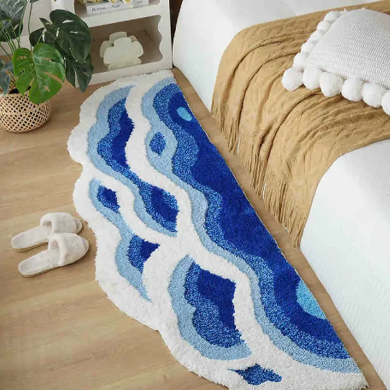 Ocean Wave Irregular Shaped Tufted Rug, Soft Fluffy Bedroom Bedside Carpet, Non‑Slip TPR Back Floor Mat for Living Room Bathroom