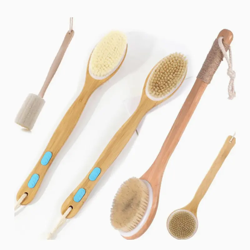 Round Wooden Handle Boar Bristle Body Brush, Hand‑held Bath Shower Exfoliating Scrub Brush