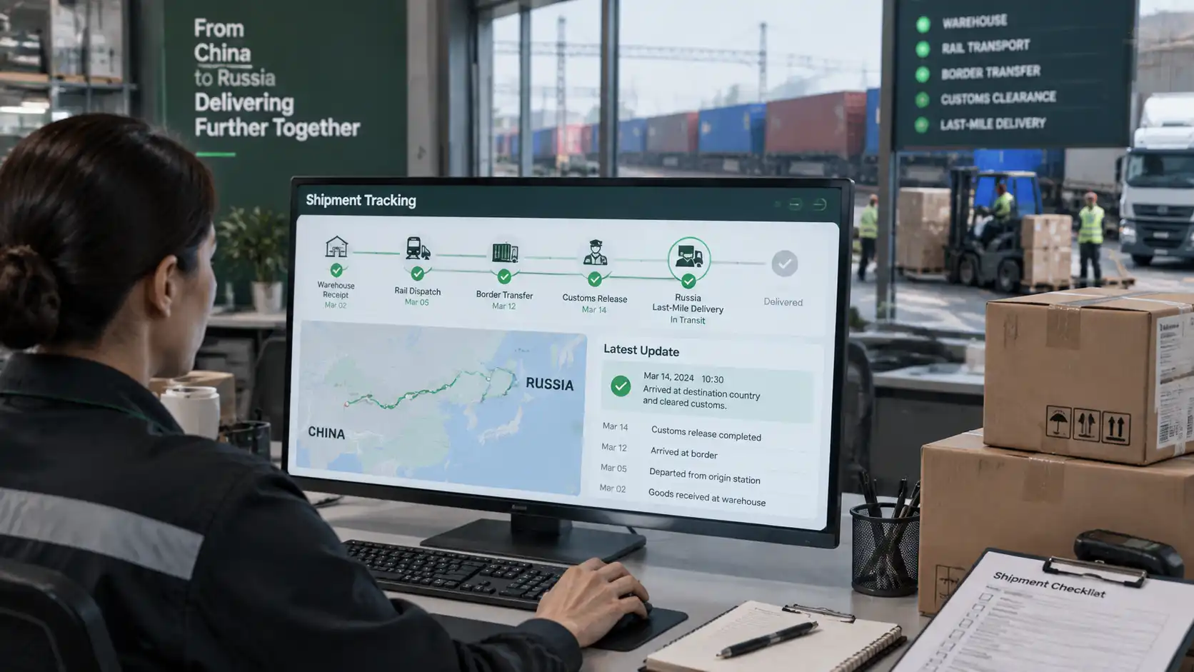 Logistics coordinator monitoring China-to-Russia shipment milestones and final delivery